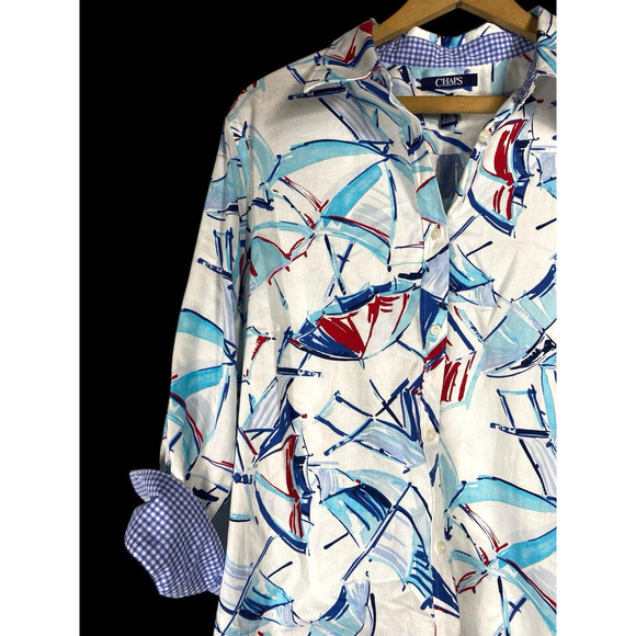 Chaps Tops - Chaps Ralph Lauren Shirt 1X No Iron Sailboat Nautical Flip Cuff Resort Wear Top